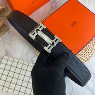 1:1  Hermes  Black Leather Belt  with Silver buckle  Buckle Like a Lock 3.8cm